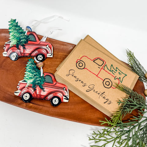 Seasons Greetings Greeting Cards + Red Truck Ornament Set